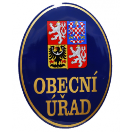 Smaltovaná cedule OBECNÍ ÚŘAD se státním znakem (modrá/zlatá)