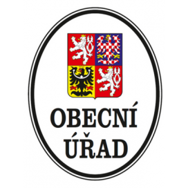 Smaltovaná cedule OBECNÍ ÚŘAD se státním znakem (bílá/černá)